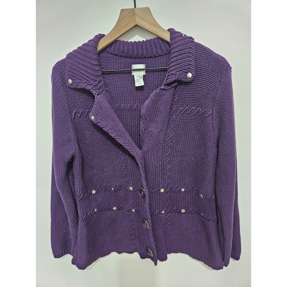 Chicos Purple Cotton Knit‎ Cardigan Sweater Studded Whipstitch Size 2 Large
